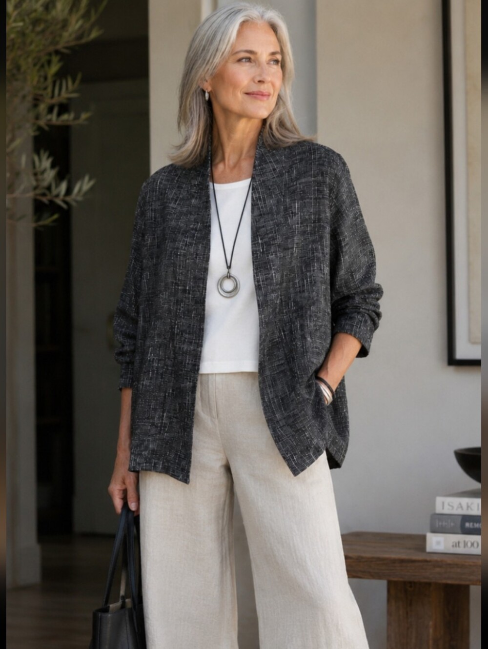 Eileen Fisher Jacket Small Black Gray Textured Linen Blend Open Pockets